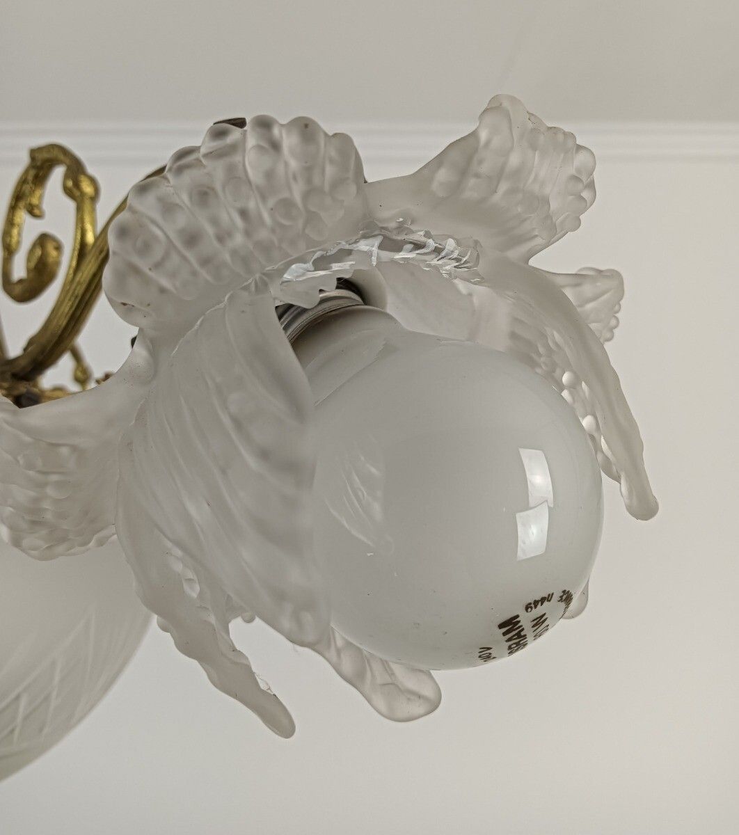 Art Deco Chandelier Gilded Bronze Gorgeous Etched Glass Shades Flower Shaped 4 L photo Lighting