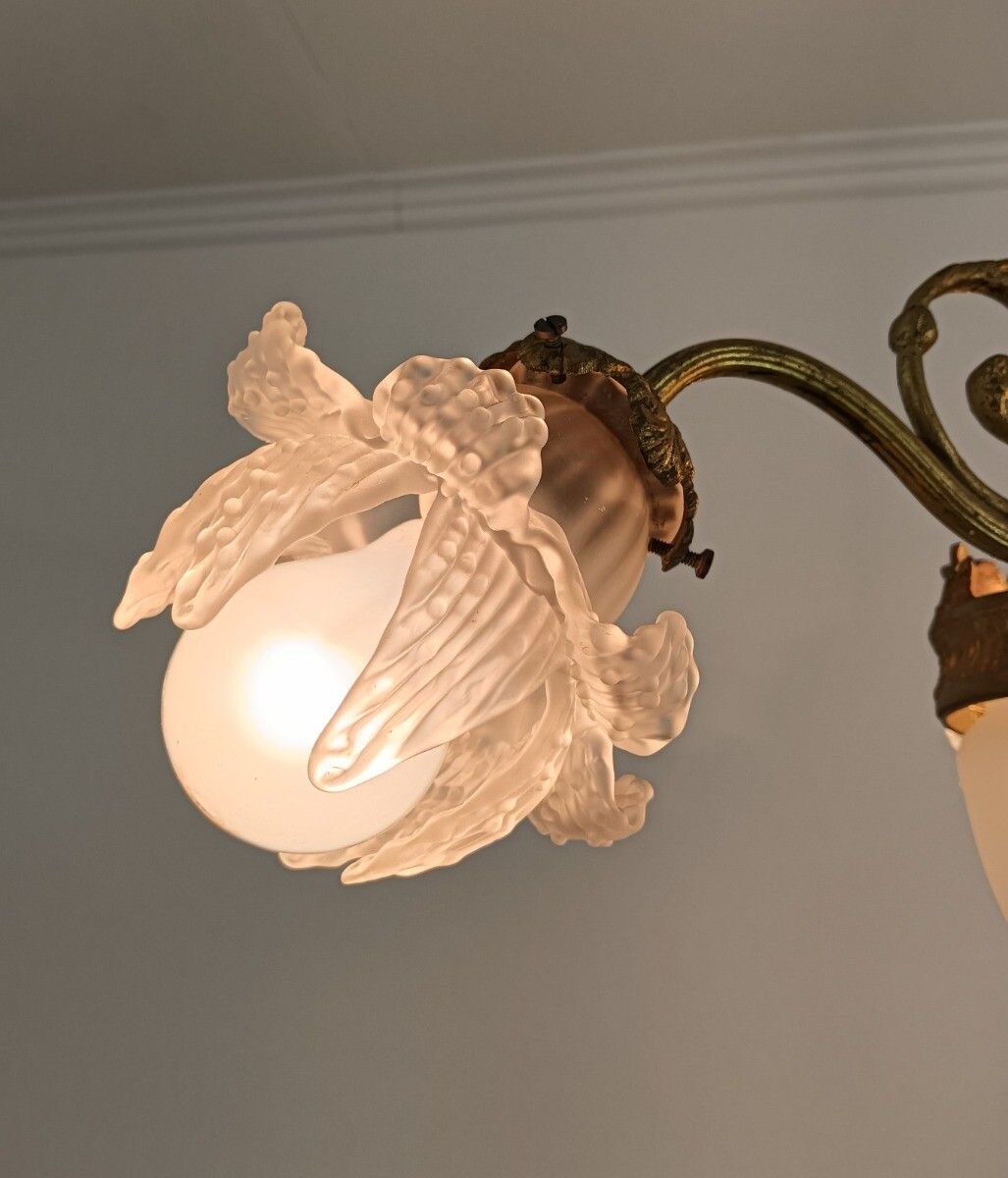 Art Deco Chandelier Gilded Bronze Gorgeous Etched Glass Shades Flower Shaped 4 L photo vinterior