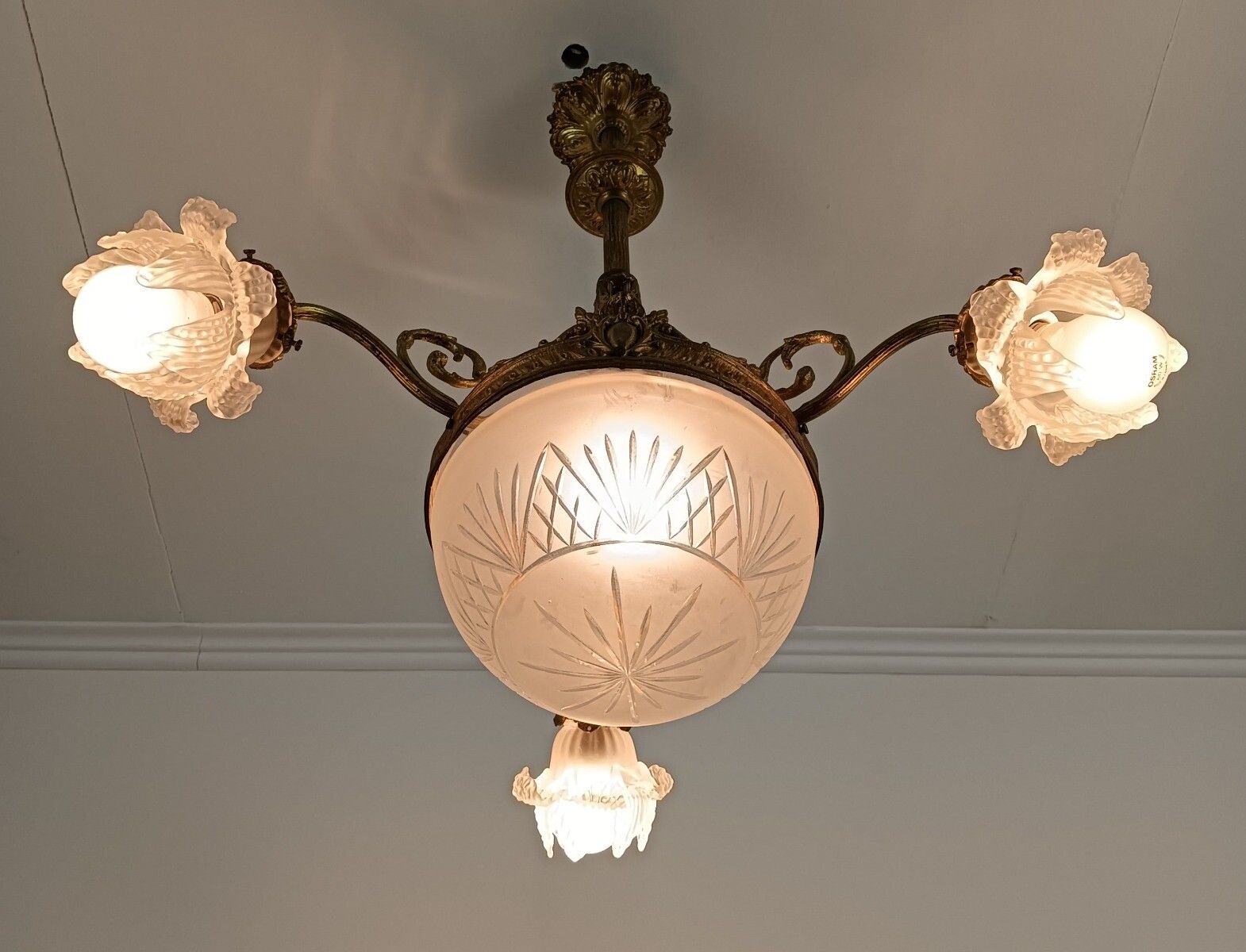 photo for sale Art Deco Chandelier Gilded Bronze Gorgeous Etched Glass Shades Flower Shaped 4 L