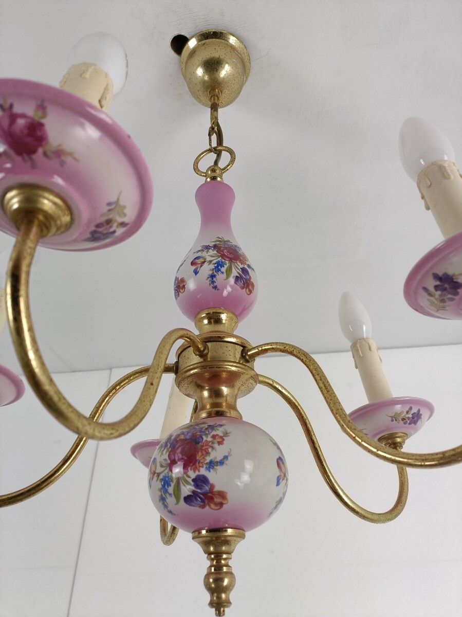 Chandelier 5 Arms Lights Ceramic Porcelain Ceramic Brass Italian Pink  Flowers L photo vinterior