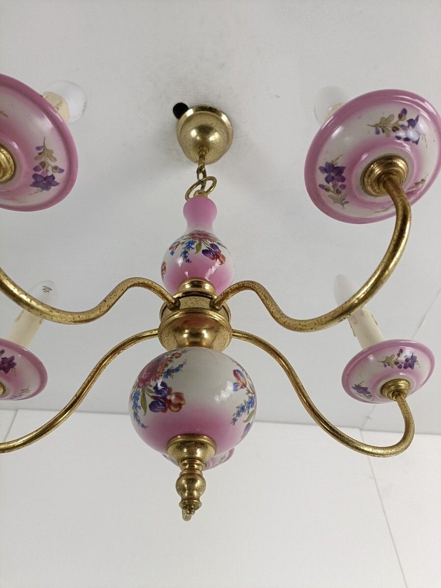 Chandelier 5 Arms Lights Ceramic Porcelain Ceramic Brass Italian Pink  Flowers L photo buy