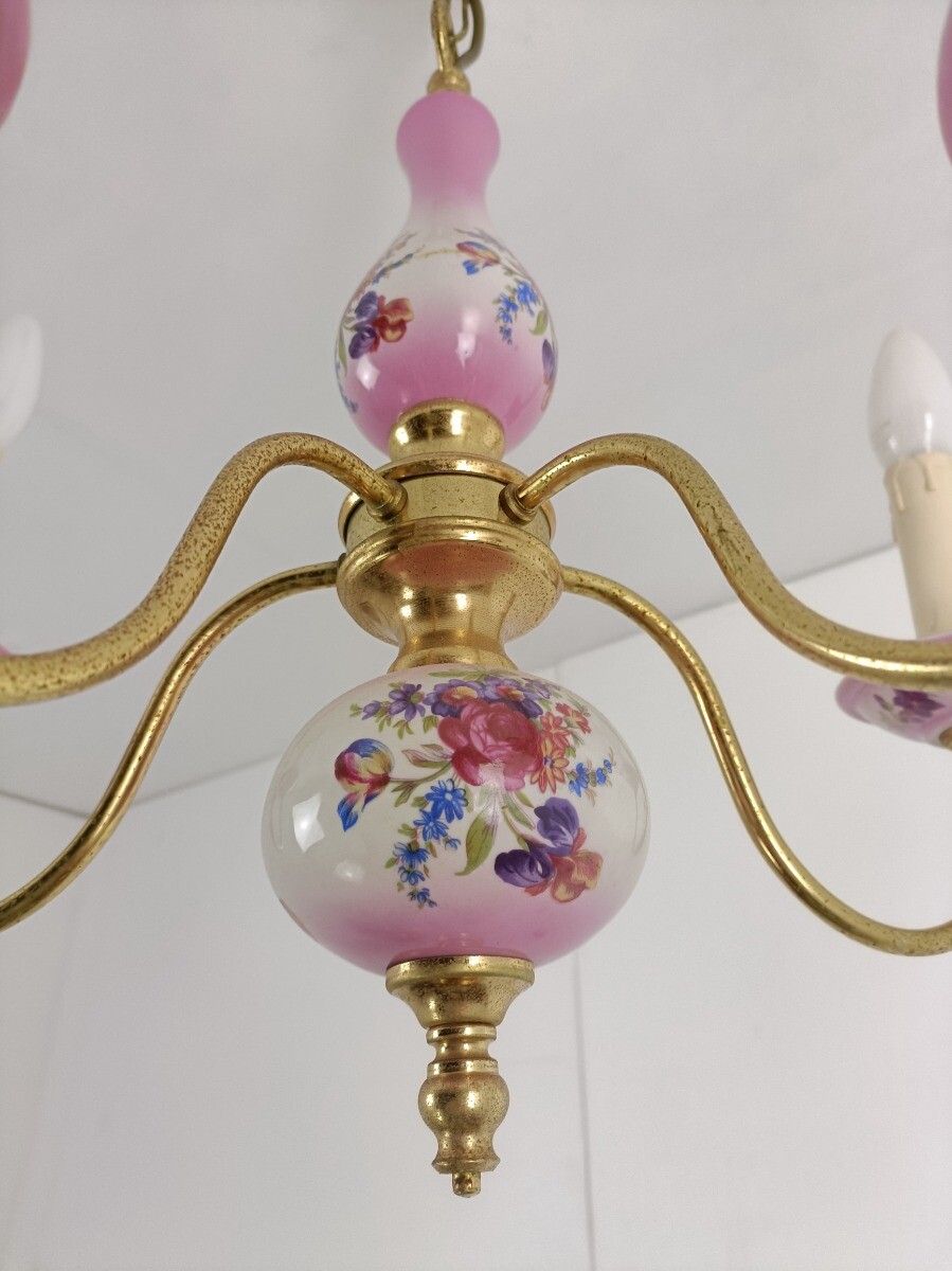 photo furniture Chandelier 5 Arms Lights Ceramic Porcelain Ceramic Brass Italian Pink  Flowers L