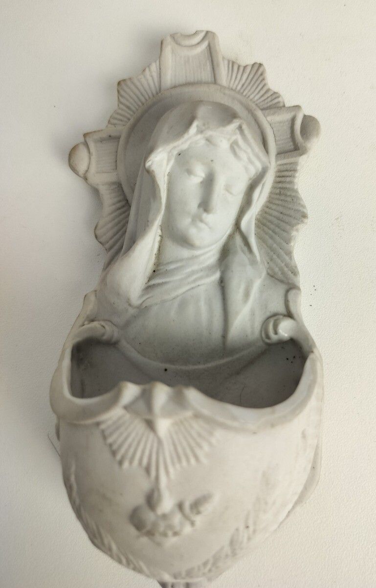 Antique Holy Water Font Vessel Bisque Porcelain White  Virgin Mary Madonna photo vinterior