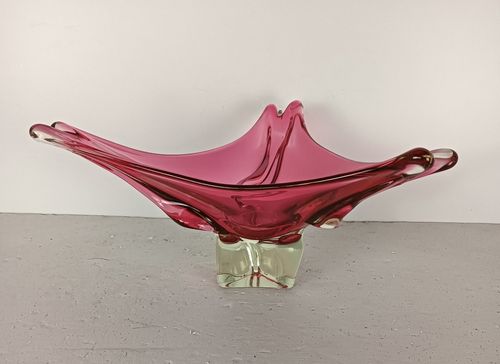 Clear Cranberry  Murano Italian Art Glass Centerpiece Dish Bowl Mid Century Vint photo for sale