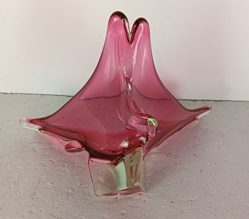 Clear Cranberry  Murano Italian Art Glass Centerpiece Dish Bowl Mid Century Vint photo vintage