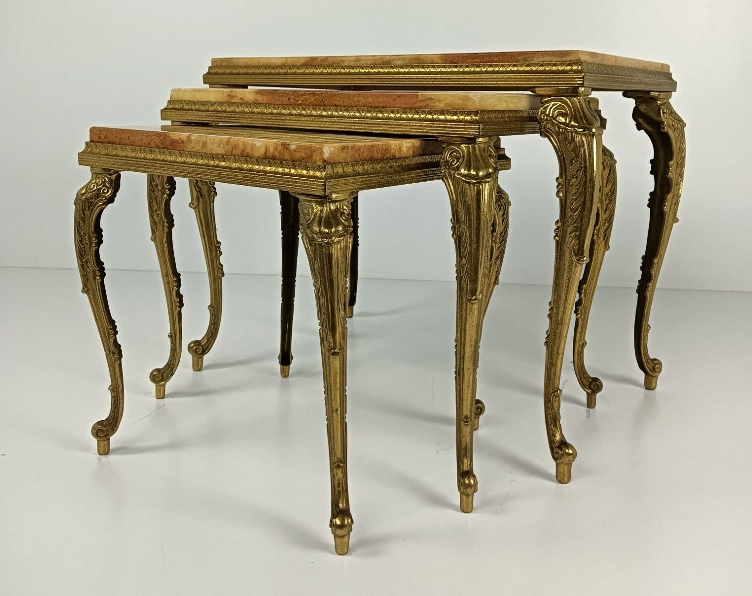 Stylish Set Of 3 Nesting Stacking Tables Hollywood Regency Style Onyx Marble Bra photo 688.0