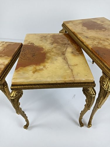 Stylish Set Of 3 Nesting Stacking Tables Hollywood Regency Style Onyx Marble Bra photo vintage