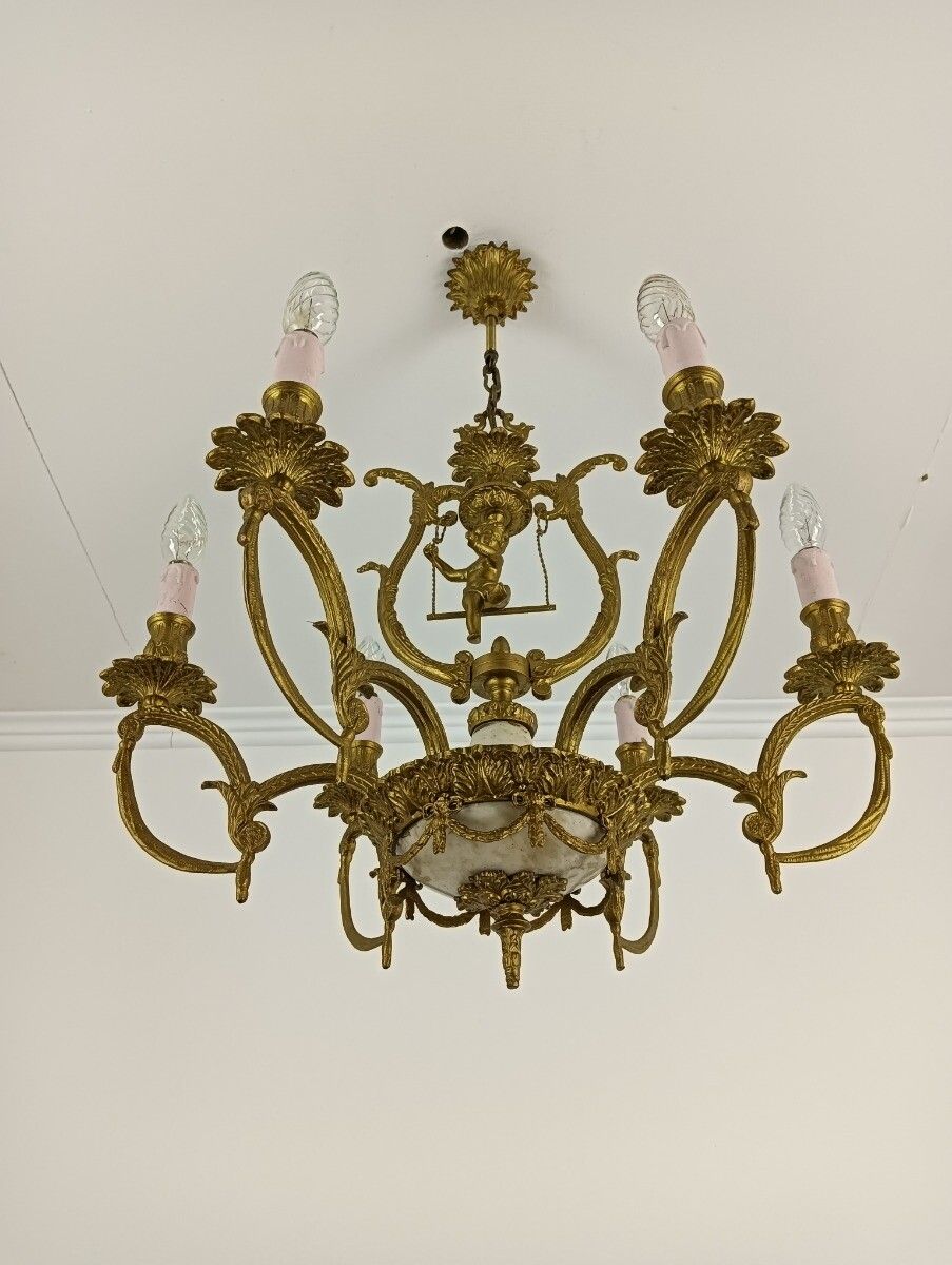 Brass Chandelier Marble Cupid Putti On Swing 6 Lights Arm Vintage Very Rare photo for sale