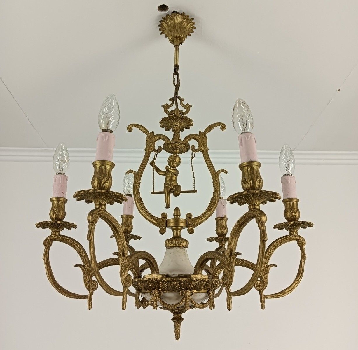 Brass Chandelier Marble Cupid Putti On Swing 6 Lights Arm Vintage Very Rare photo 709.0