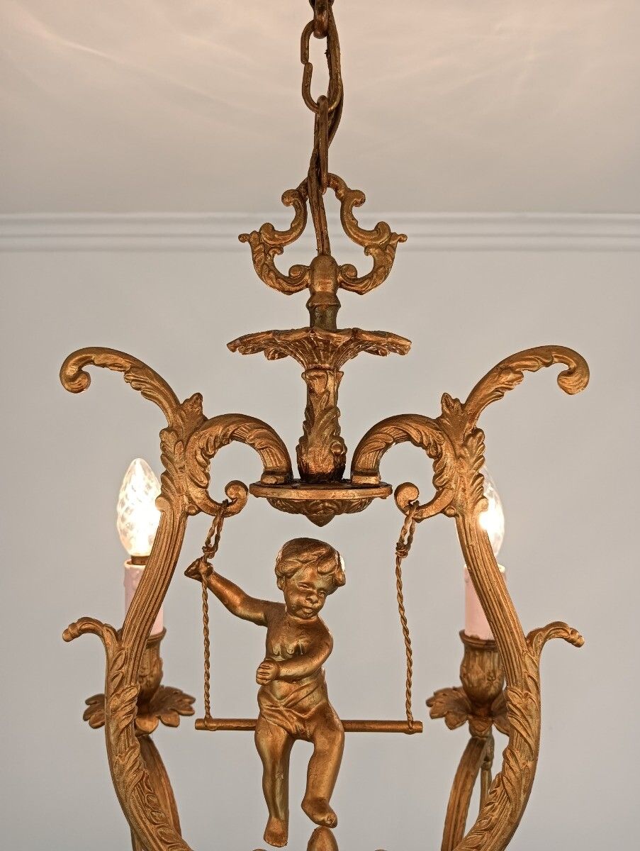 photo for sale Brass Chandelier Marble Cupid Putti On Swing 6 Lights Arm Vintage Very Rare