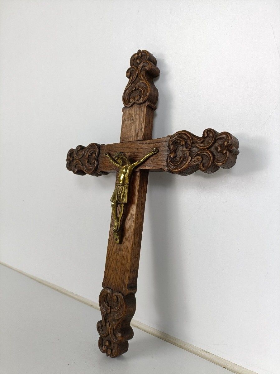 Ornate Hand Carved Wooden Hanging Crucifix Cross Christianity Vintage Jesus Chri photo for sale