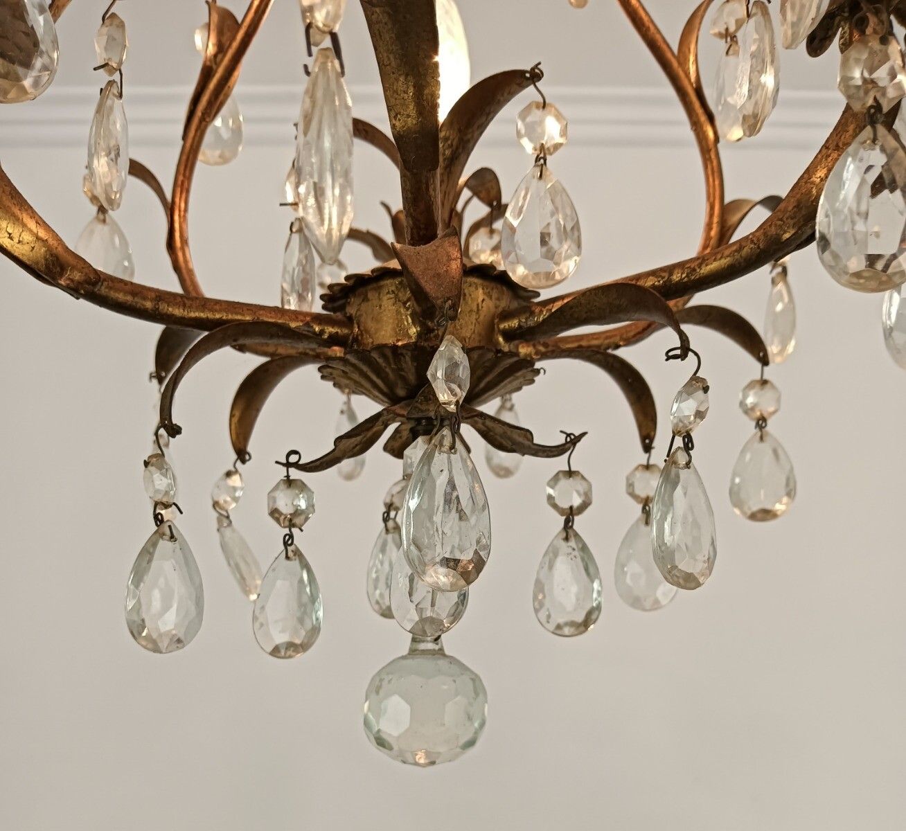 Italian Chandelier 3 Lights Art Glass Prisms Faux Brass Hollywood Regency Style photo buy
