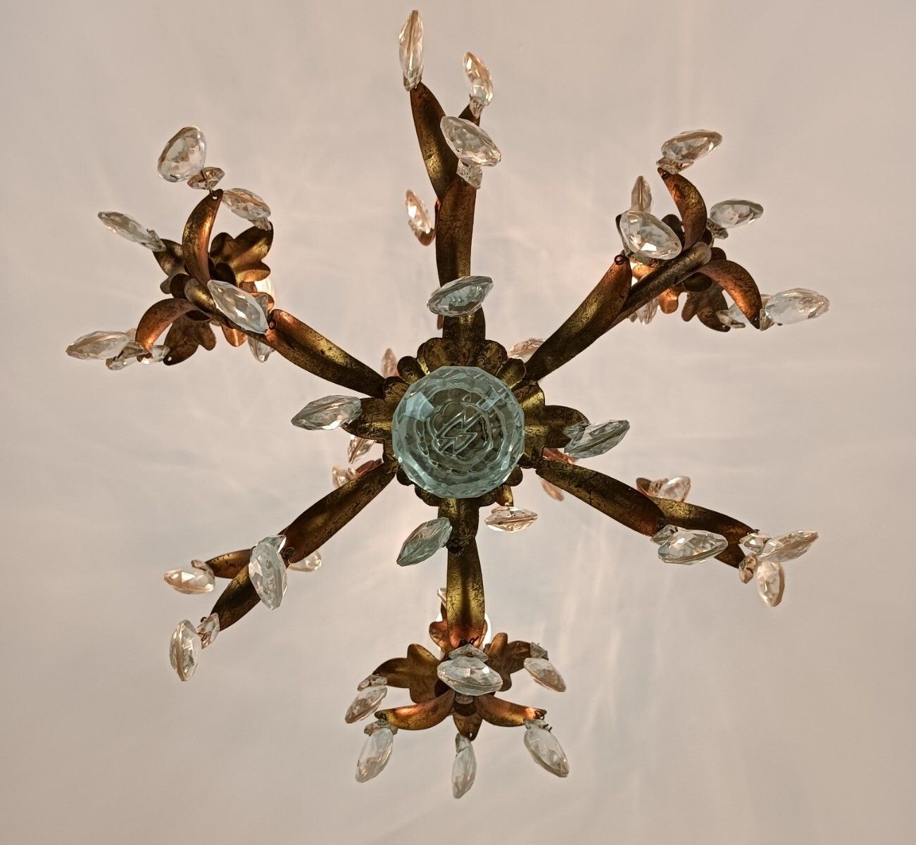 Italian Chandelier 3 Lights Art Glass Prisms Faux Brass Hollywood Regency Style photo vintage