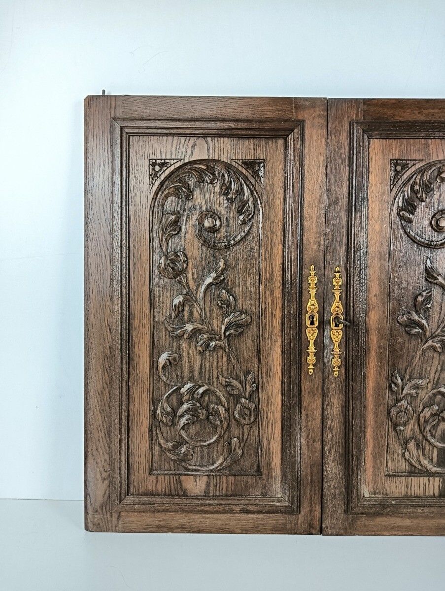 Antique Pair Door Panels Doors Cabinet Carved Wood Reclaimed Architectural Salva photo 263.0
