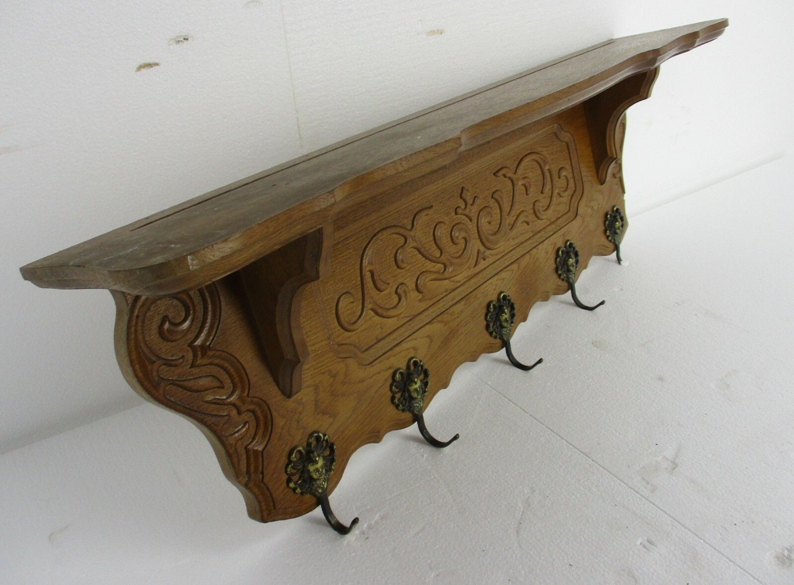 Vintage Carved Wood Coat Hat Rack Ornate Breughel Style Kitchen Hallway photo 167.0