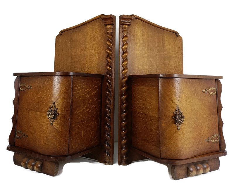 Pair Couple Antique Jugendstil Nightstands Wood Barley Twist End Tables Vanity C