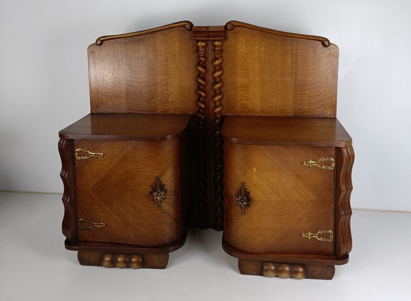 Pair Couple Antique Jugendstil Nightstands Wood Barley Twist End Tables Vanity C photo furniture