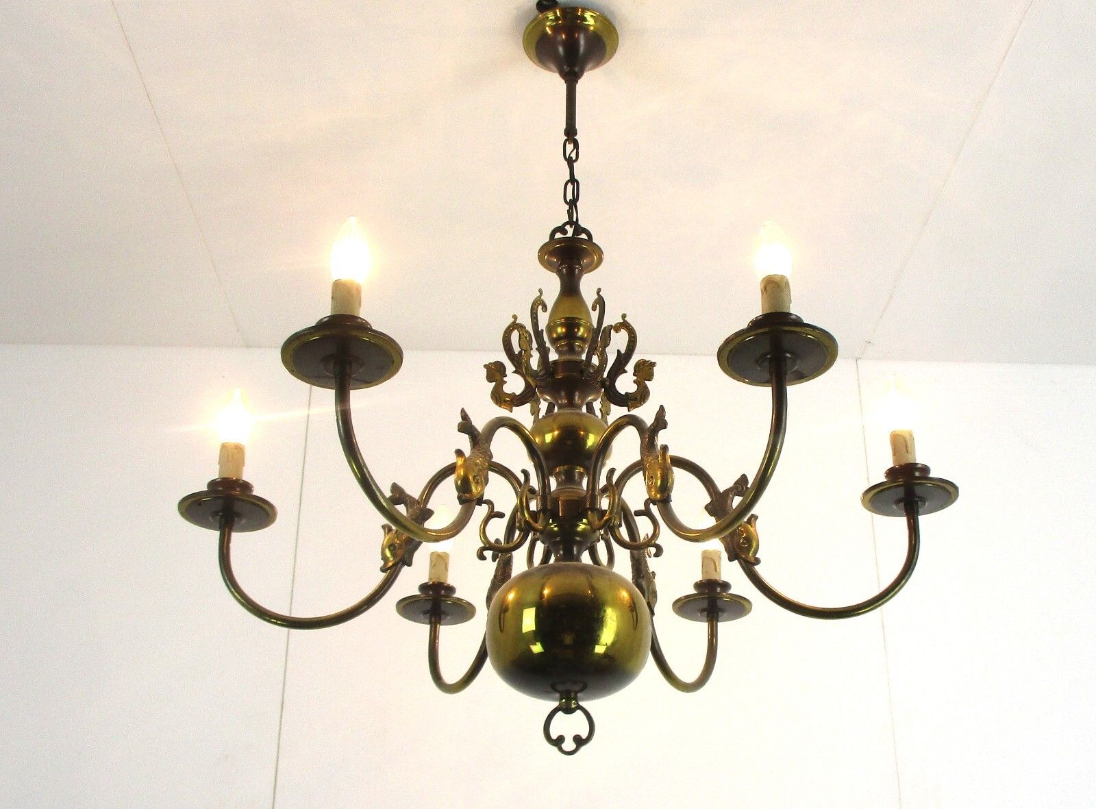 Flemish Dutch Chandelier 6 Arm Lights Brass Mermaids Fish Vintage Barn  Lovely photo furniture
