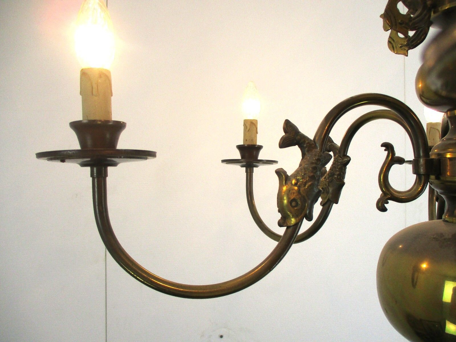 Flemish Dutch Chandelier 6 Arm Lights Brass Mermaids Fish Vintage Barn  Lovely photo 427.0