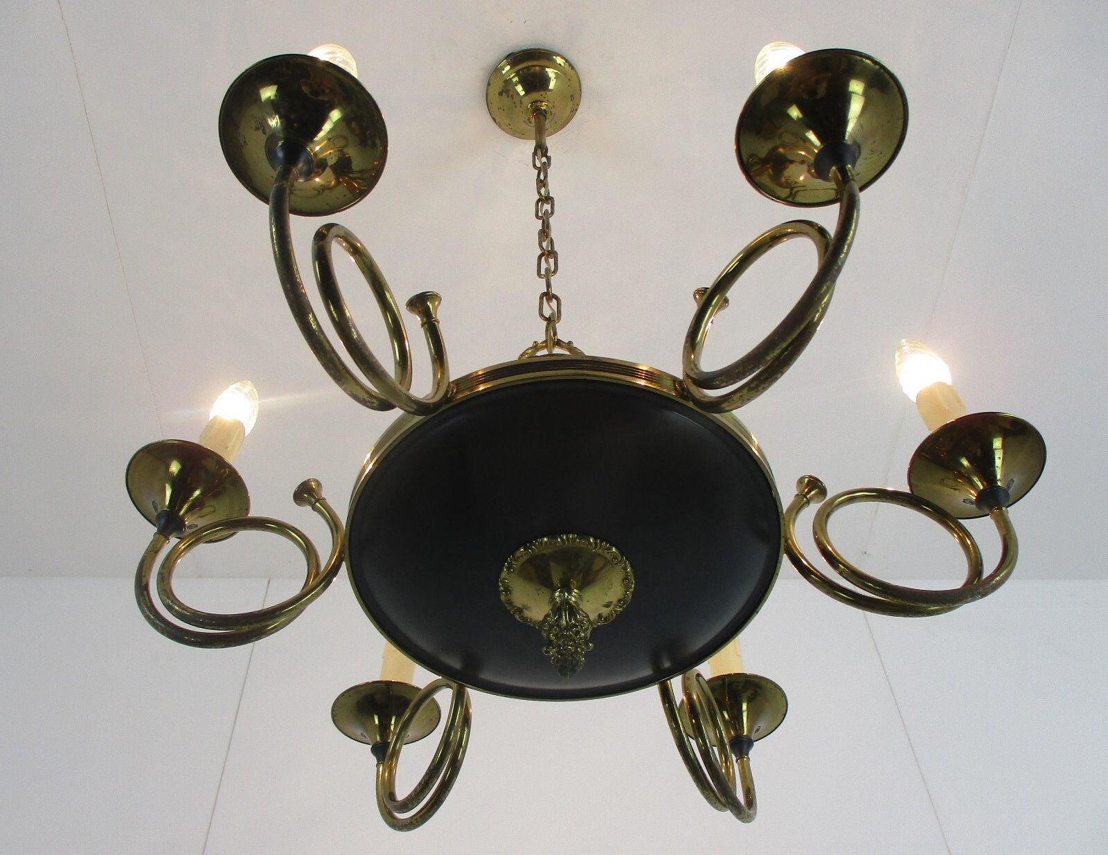 French Empire Pan Chandelier Green Tole Brass 6 Arms Hollywood Regency Trumpets photo Lighting