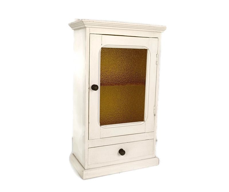 Apothecary Bathroom Medicine Kitchen Cabinet Wood  Antique  Bubbled Amber Glass