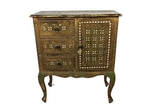 Florentine Wood Nightstand End Table Hall Cabinet Green Gold Gilded Italian Stun