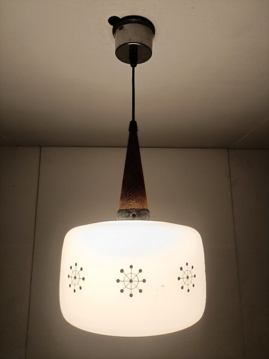 Danish Modern Chandelier Pendant Teak Opaline Glass Atomic  Retro Pop Art Style photo furniture