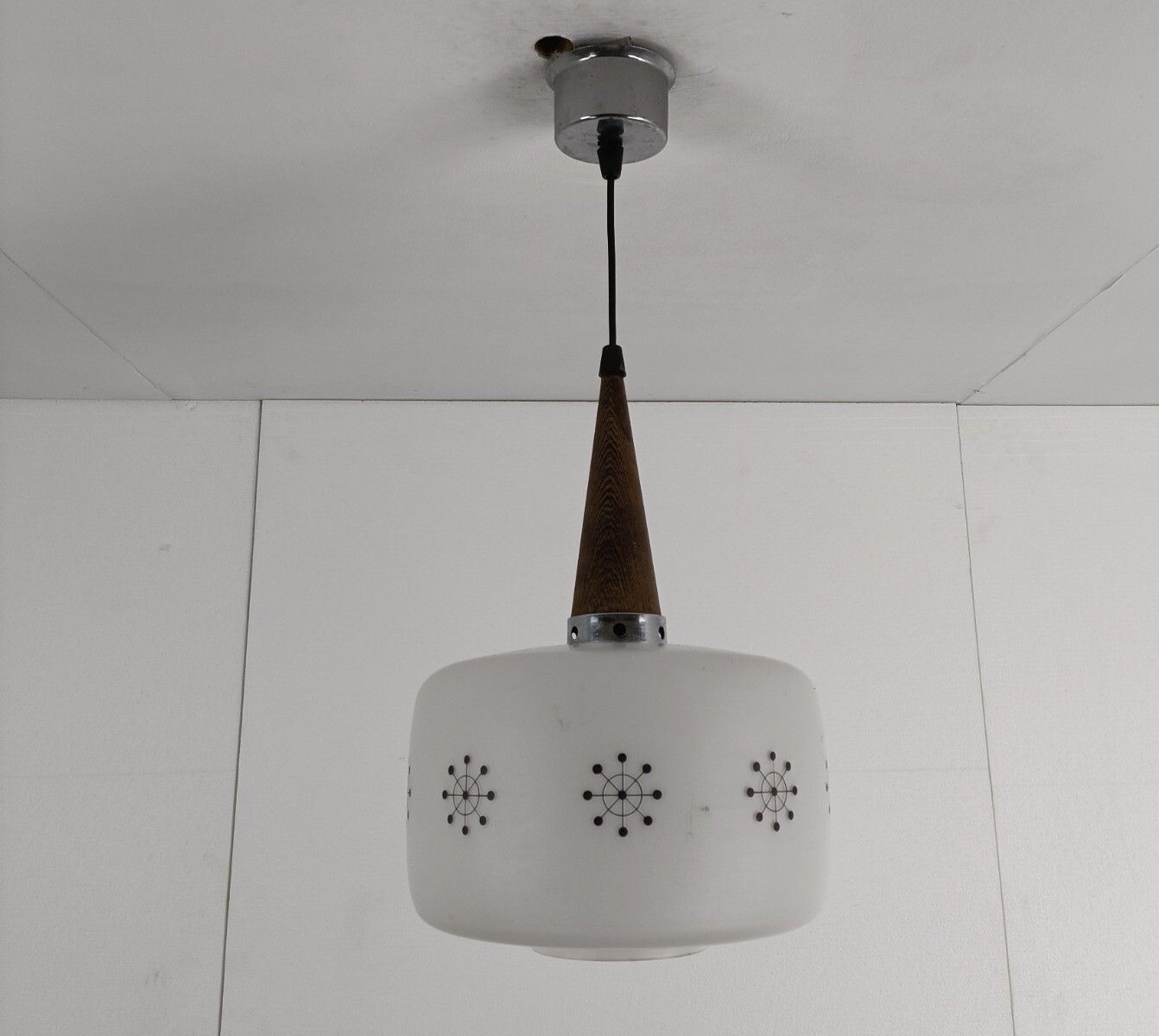 Danish Modern Chandelier Pendant Teak Opaline Glass Atomic  Retro Pop Art Style photo 244.0