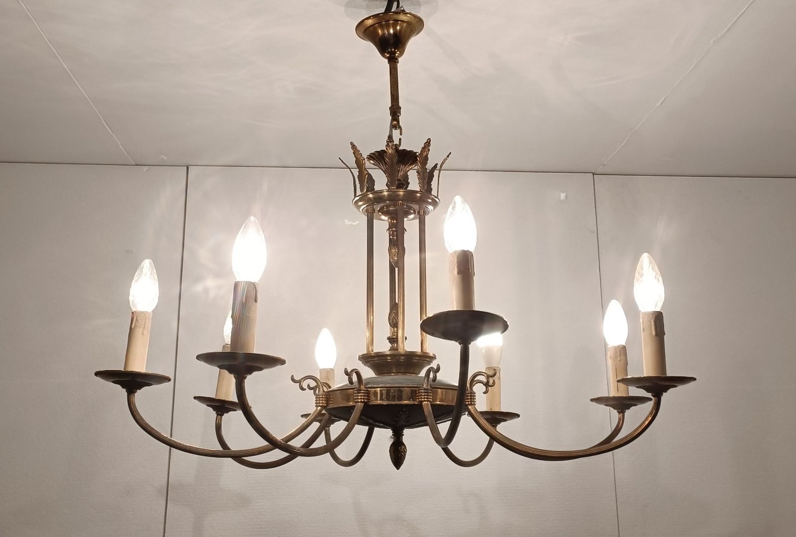 French Empire Pan Chandelier Brass  Green 8 Arms Lights  Hollywood Regency Htf photo furniture