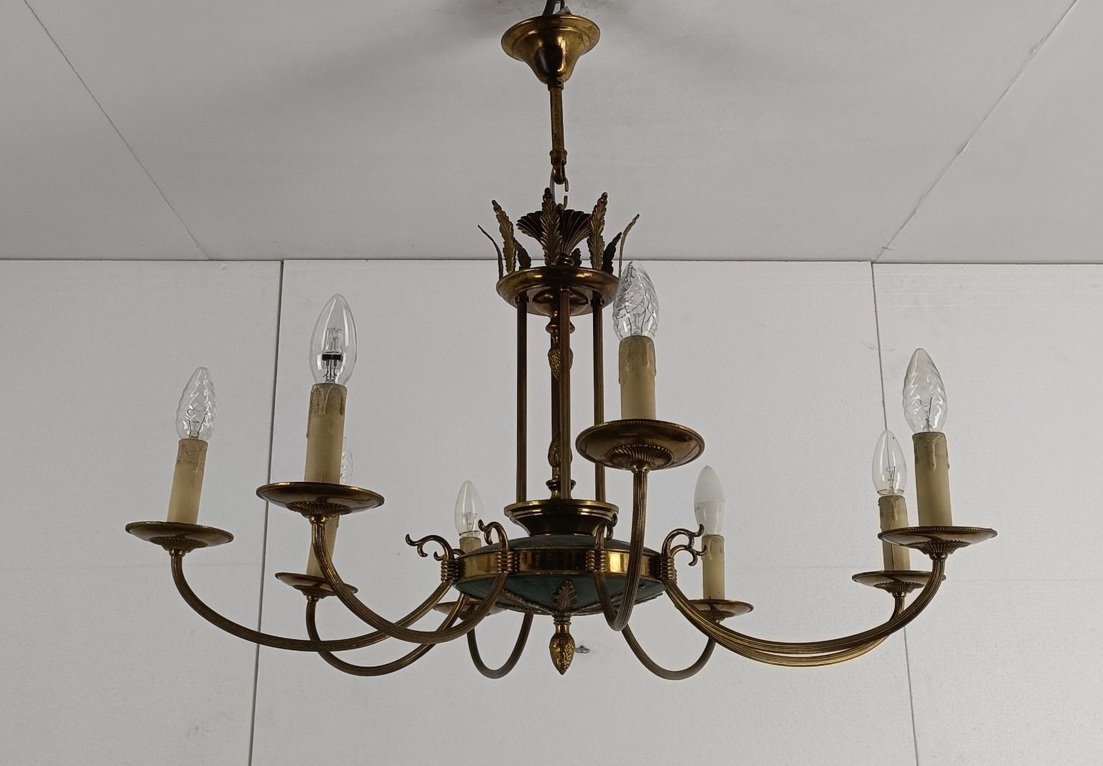 French Empire Pan Chandelier Brass  Green 8 Arms Lights  Hollywood Regency Htf photo Lighting