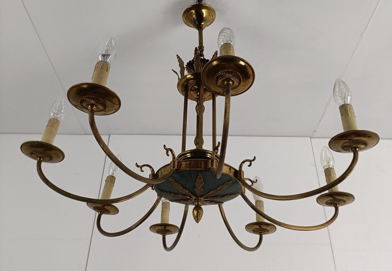 French Empire Pan Chandelier Brass  Green 8 Arms Lights  Hollywood Regency Htf photo 466.0