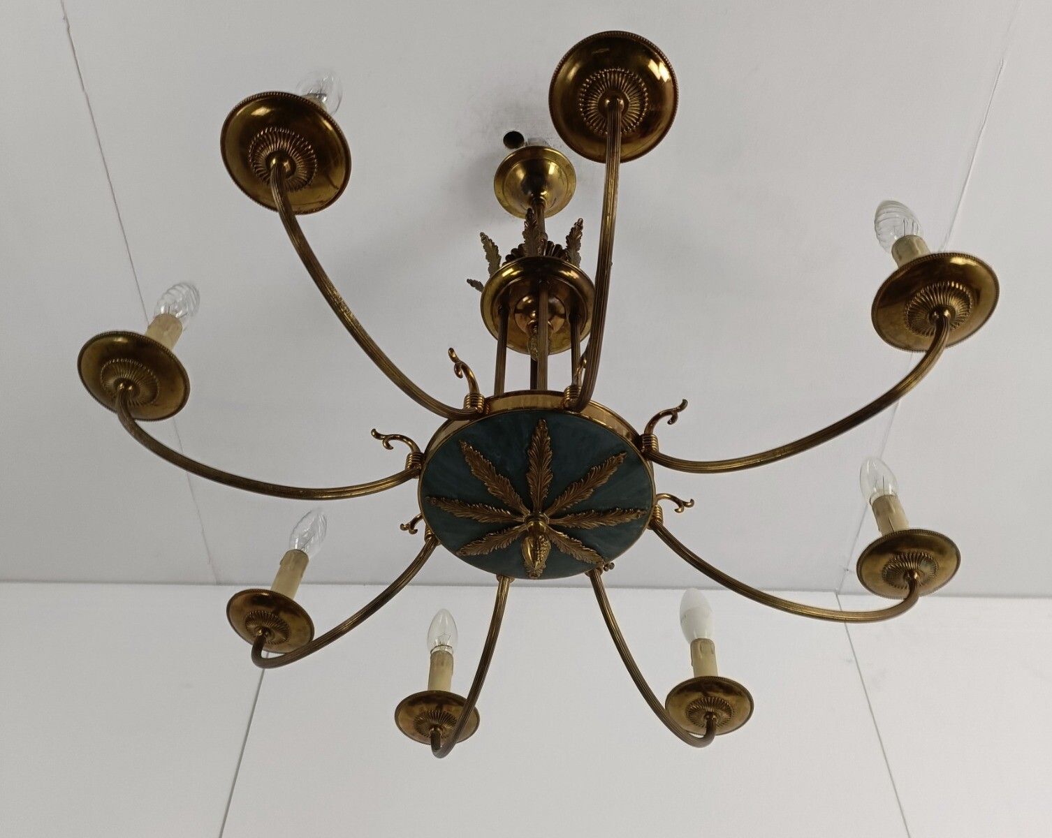French Empire Pan Chandelier Brass  Green 8 Arms Lights  Hollywood Regency Htf photo vinterior