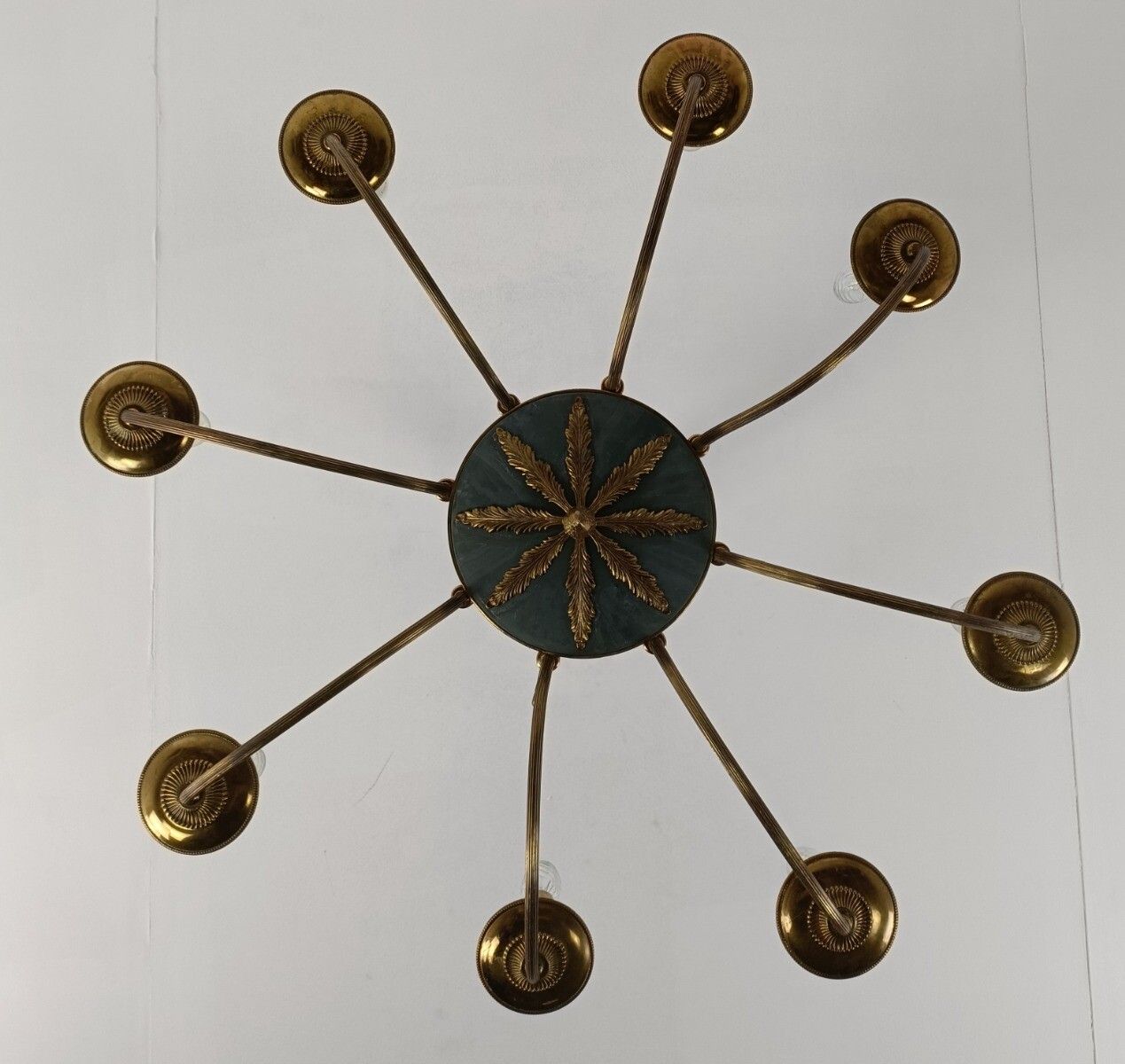 French Empire Pan Chandelier Brass  Green 8 Arms Lights  Hollywood Regency Htf photo buy