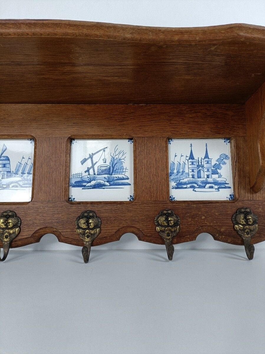 Antique Coat Hat Kitchen Rack Carved Wood Ceramic Delft Tiles Blue White Barn St photo vinterior