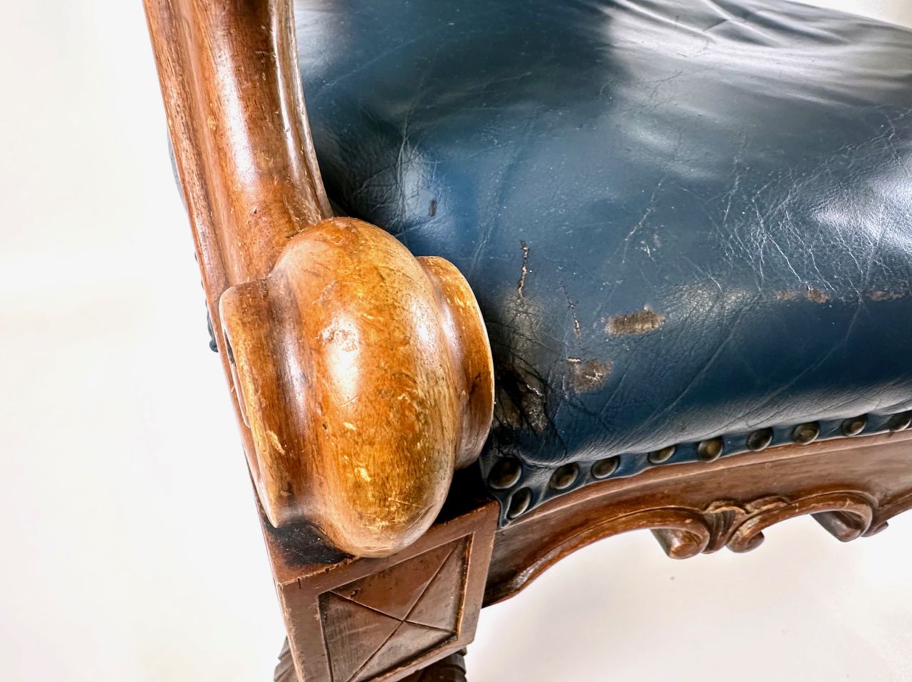 Antique French Armchair In Walnut And Blue Leather, 1890s photo for sale