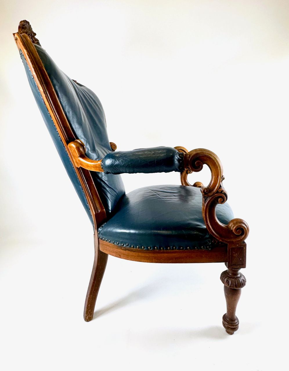 Antique French Armchair In Walnut And Blue Leather, 1890s photo Furniture