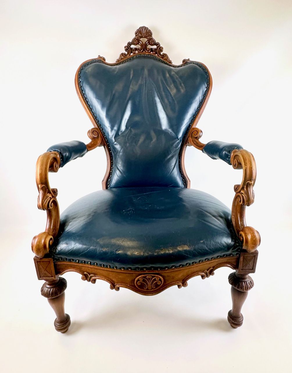 Antique French Armchair In Walnut And Blue Leather, 1890s