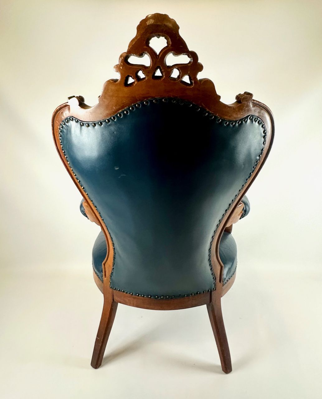 photo buy Antique French Armchair In Walnut And Blue Leather, 1890s