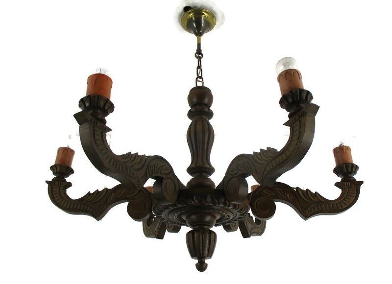 Hand Carved Wooden Chandelier Ornate 6 Arm Lights Mid Century  Farmhouse Style
