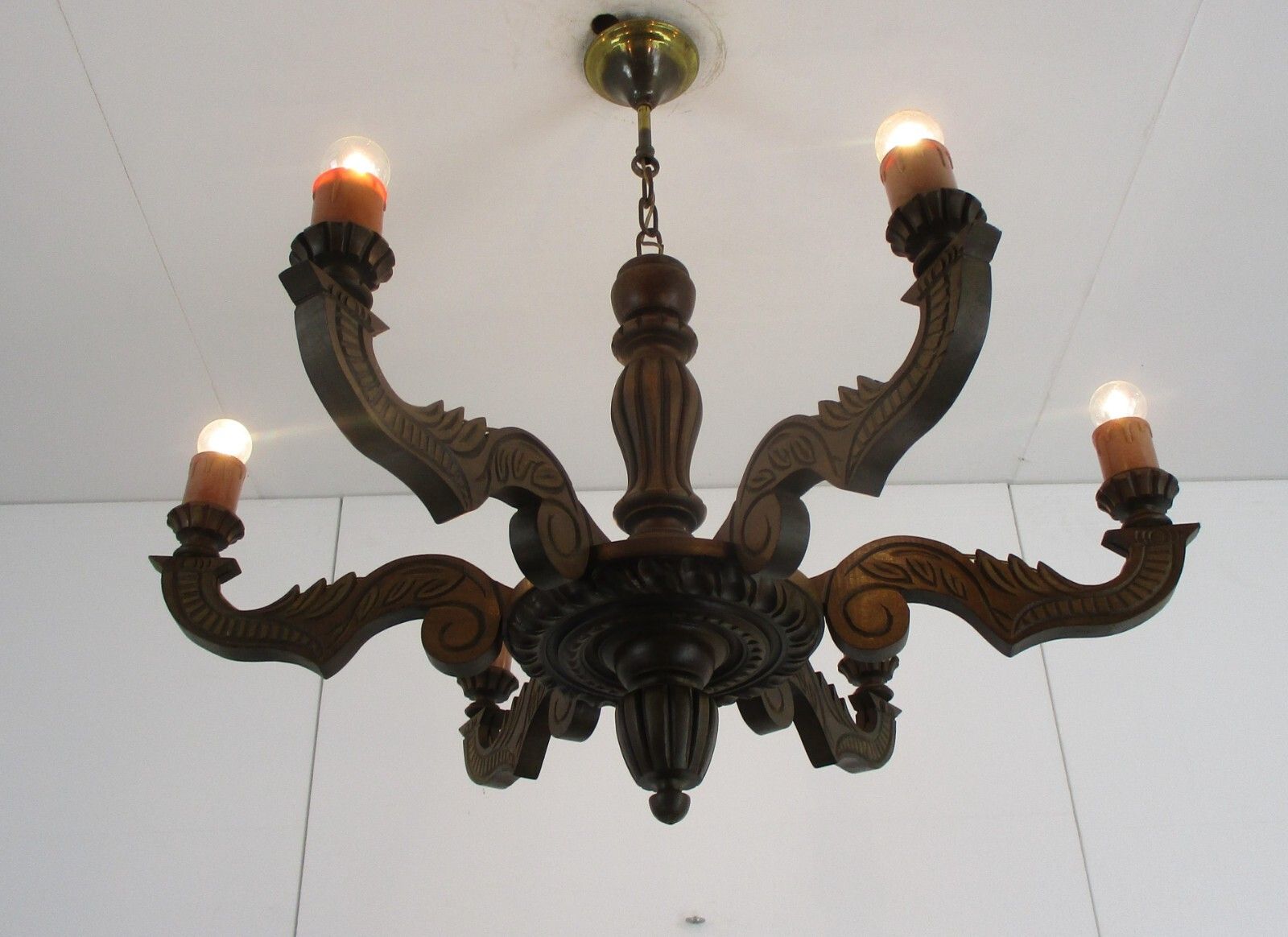 Hand Carved Wooden Chandelier Ornate 6 Arm Lights Mid Century  Farmhouse Style photo furniture