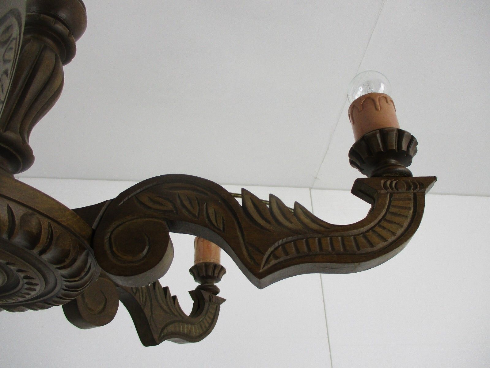 Hand Carved Wooden Chandelier Ornate 6 Arm Lights Mid Century  Farmhouse Style photo vinterior