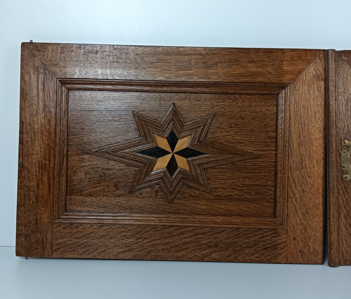 Pair Antique French Hand Carved Wood Inlay Stars Door Panels 19thc  Reclaimed Ar photo vinterior