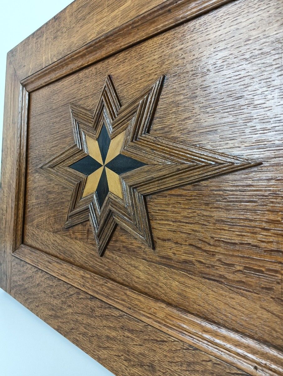 photo for sale Pair Antique French Hand Carved Wood Inlay Stars Door Panels 19thc  Reclaimed Ar