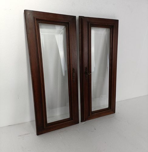 Pair Antique  Carved Wood Oak Door Panels Reclaimed Architectural Beveled Glass photo for sale