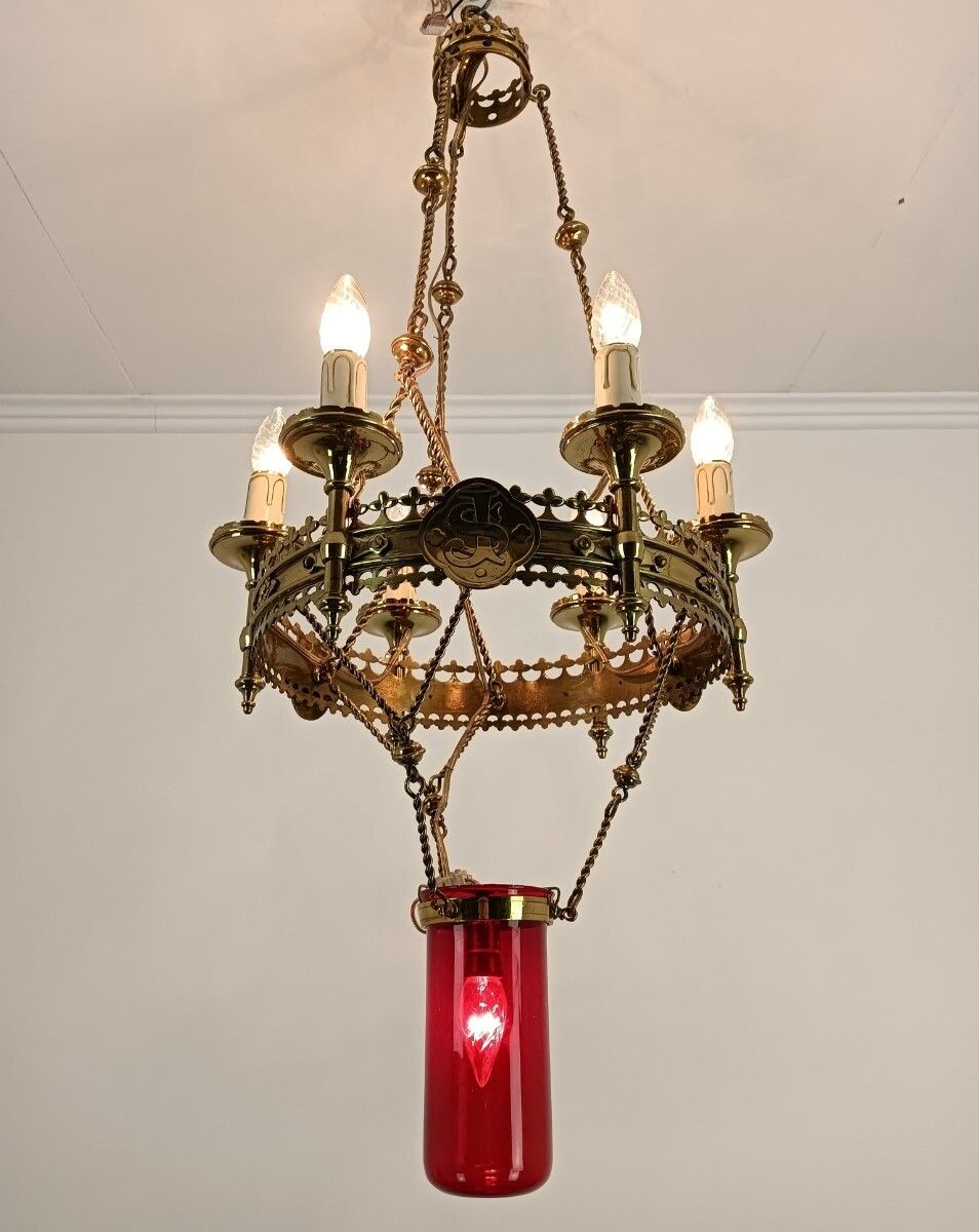 Gothic Antique Chandelier Bronze Art Glass Red 7 Lights Ornate Very Rare Wow photo buy