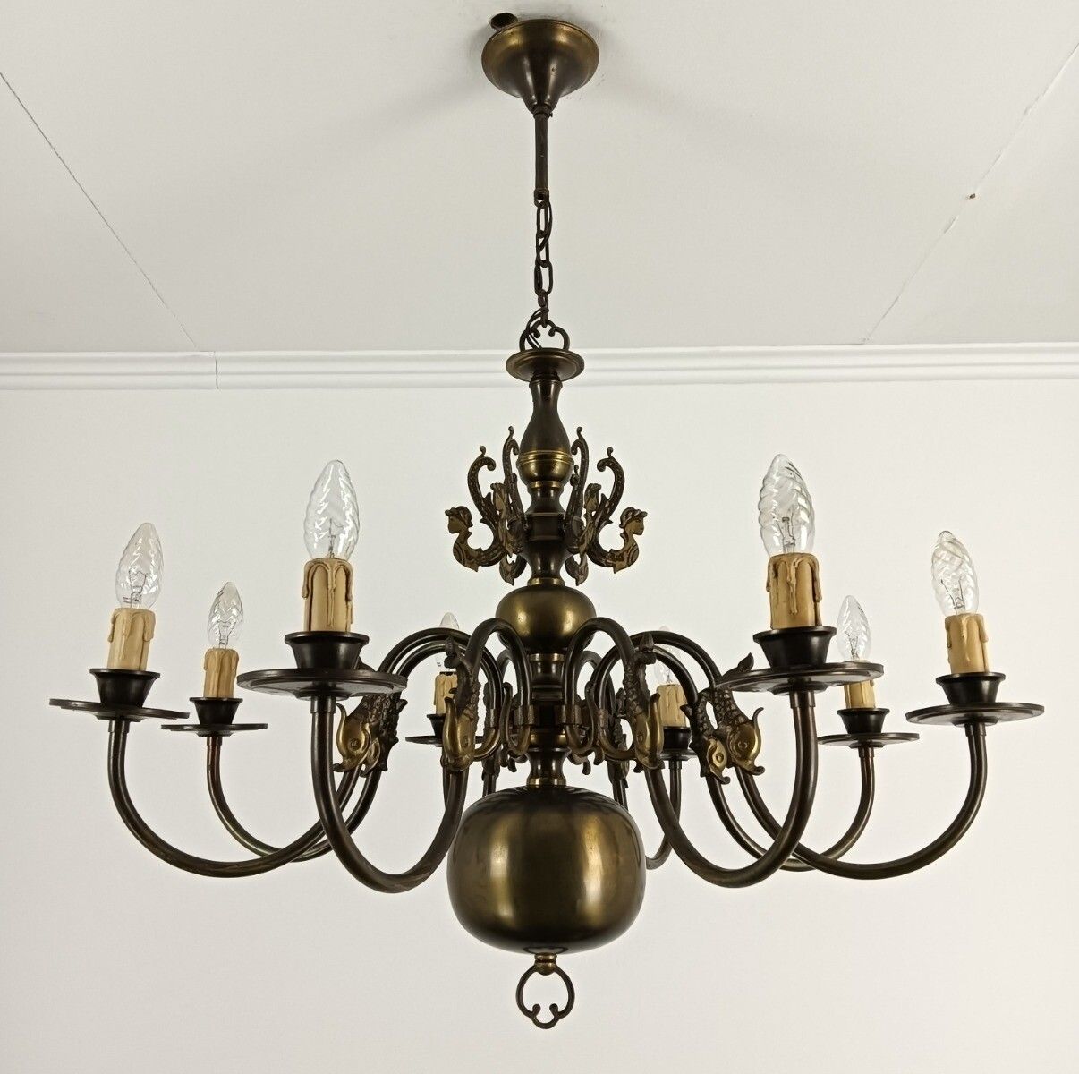 Flemish Dutch  Chandelier 8 Arms Lights Brass  Fish  Gorgeous Vintage Barn Farmh photo furniture