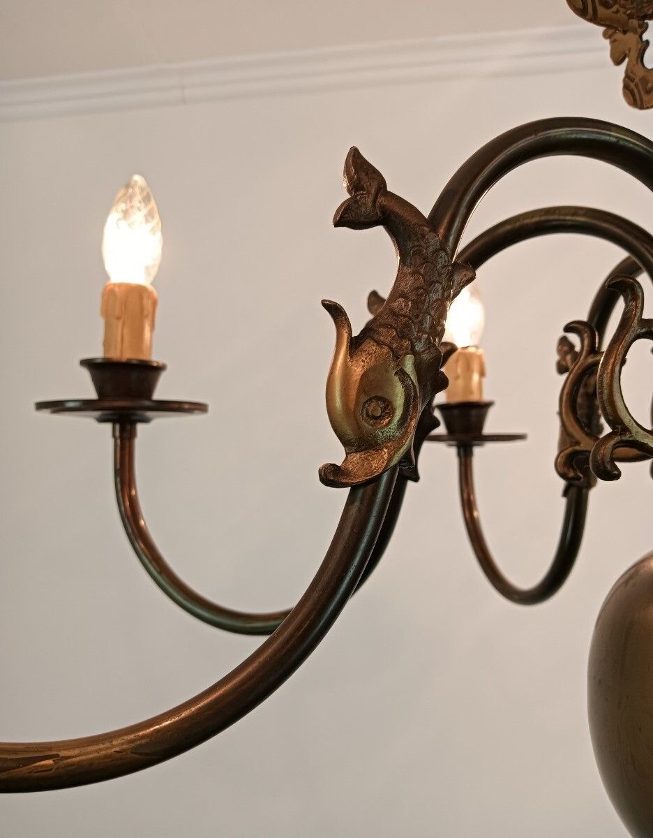 Flemish Dutch  Chandelier 8 Arms Lights Brass  Fish  Gorgeous Vintage Barn Farmh photo vintage