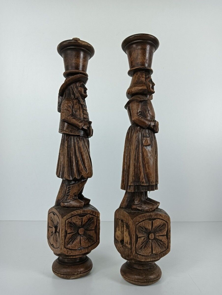 Large Antique Hand Carved Wooden Corbels Breton Figures Couple France Reclaimed photo for sale