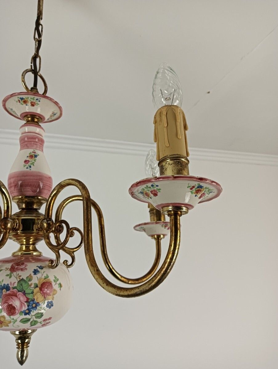 Vintage Chandelier Porcelain Italy Italian Fixture Flower Pattern Pink 5 Lights photo for sale