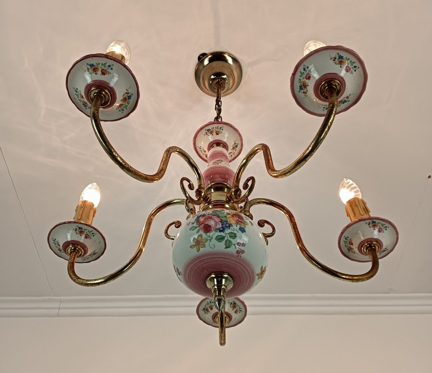 Vintage Chandelier Porcelain Italy Italian Fixture Flower Pattern Pink 5 Lights photo 283.0